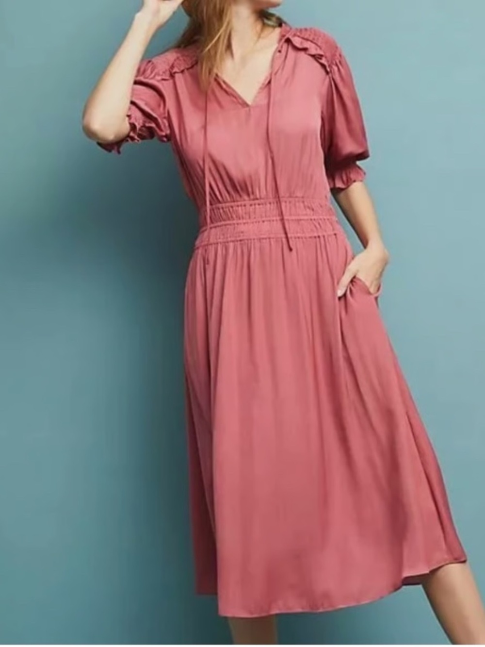 Current Air Los Angeles Rose Pink Smocked Waist Midi Dress